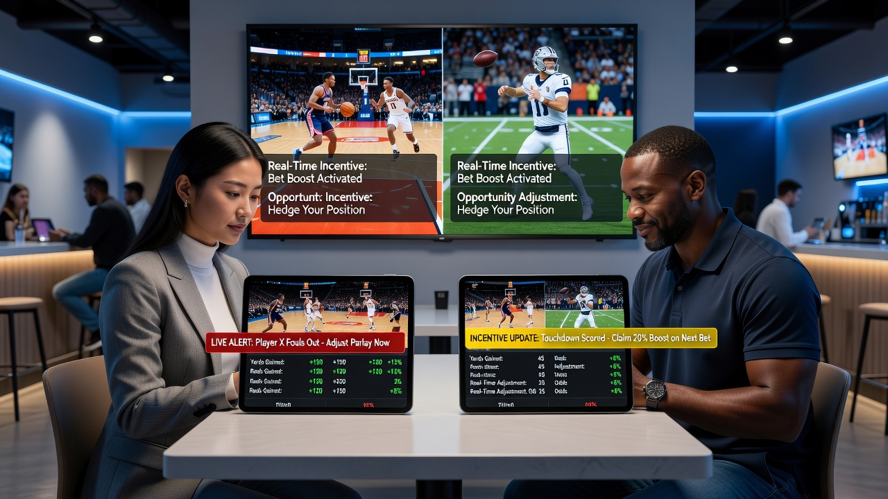 Mobile betting app interface showing real-time alerts for live basketball and football wagers on a handheld device