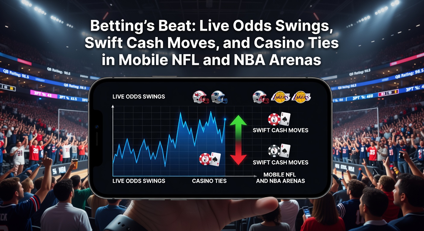Mobile screen showing rapid live odds changes during an NBA playoff game, with NFL arena crowd in background