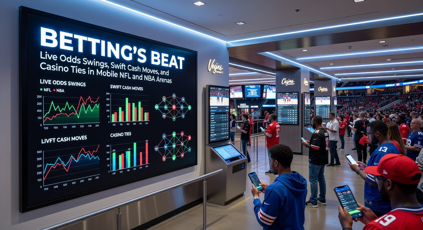 Close-up of a bettor's hand holding a phone with quick deposit options open during an NFL arena event, cash icons flashing