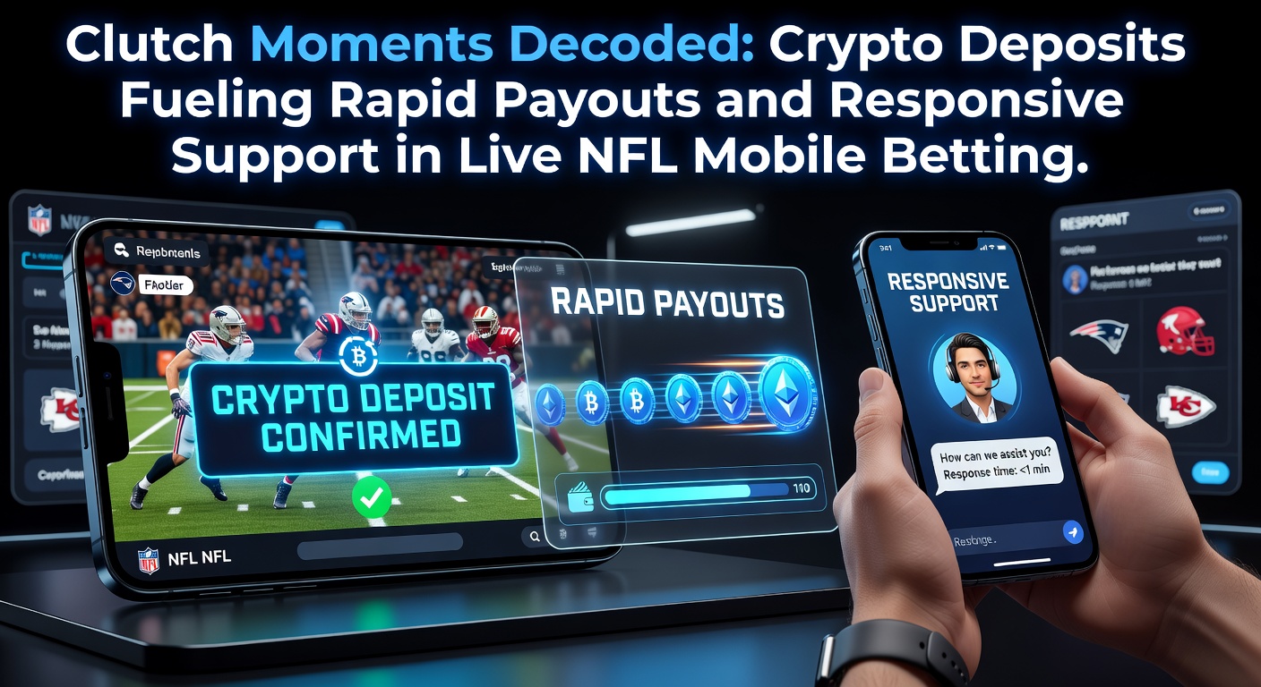 A mobile screen displaying a live NFL game with real-time betting odds, crypto deposit buttons highlighted, and a touchdown play unfolding in the background