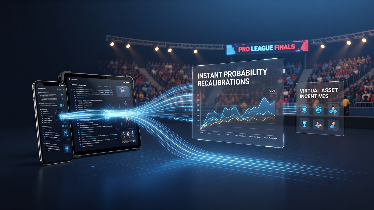 Data flow diagram showing connections between mobile interfaces, probability engines, and virtual asset systems in league events
