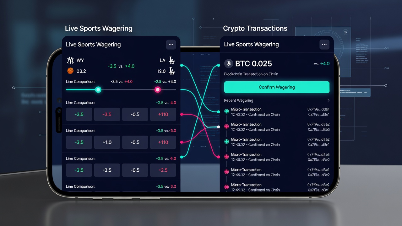 Close-up of a portable device screen displaying integrated crypto transaction flow with live line comparison updates in a sports wagering app