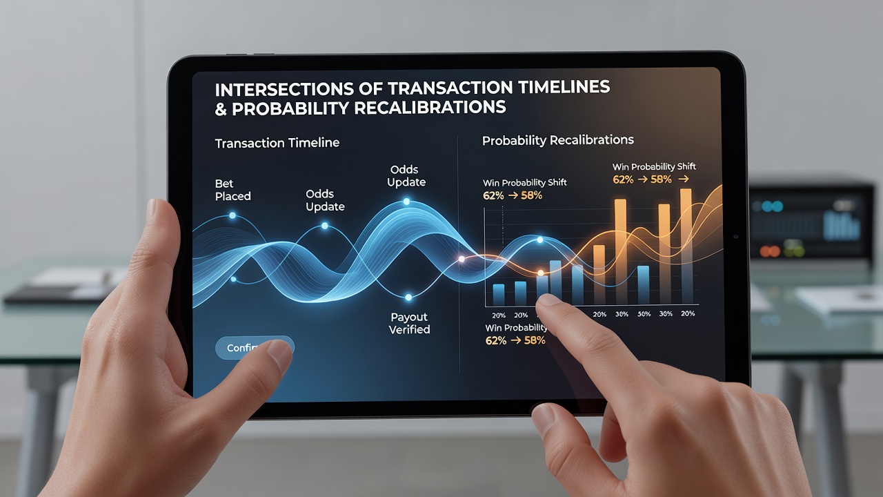 Detailed view of probability recalibration metrics overlaid on transaction confirmation timelines within a handheld sports wagering application