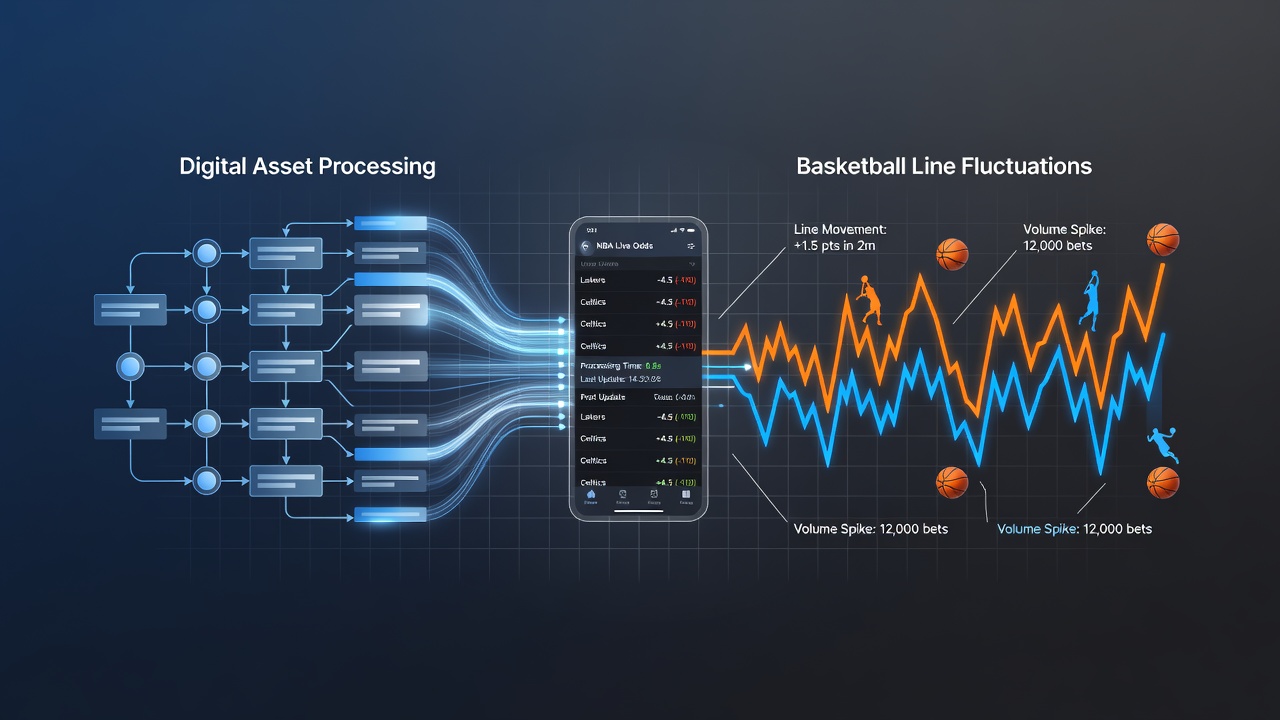 Smartphone screen displaying NBA betting interface with live line updates and crypto transaction status