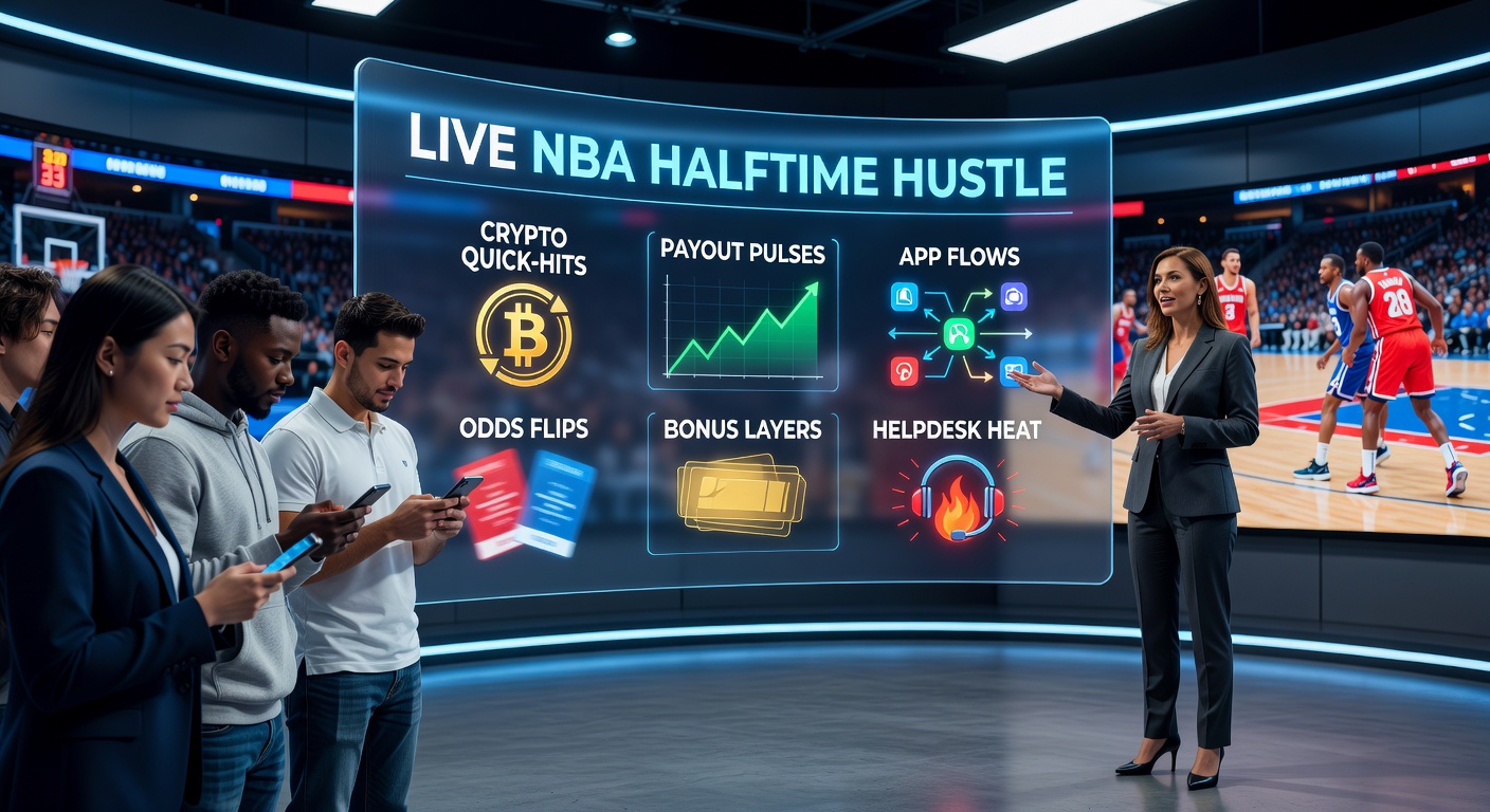 Dynamic NBA halftime betting interface on a mobile sportsbook app showing live odds and crypto deposit options