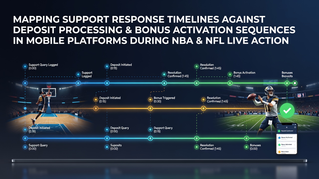 Diagram showing support response timelines mapped against deposit processing and bonus activation sequences on mobile betting platforms during NBA and NFL games