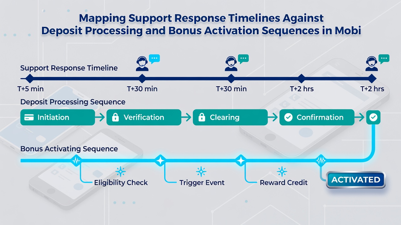 Chart illustrating how support response intervals align with deposit completion and bonus credit times across live NBA and NFL mobile sessions