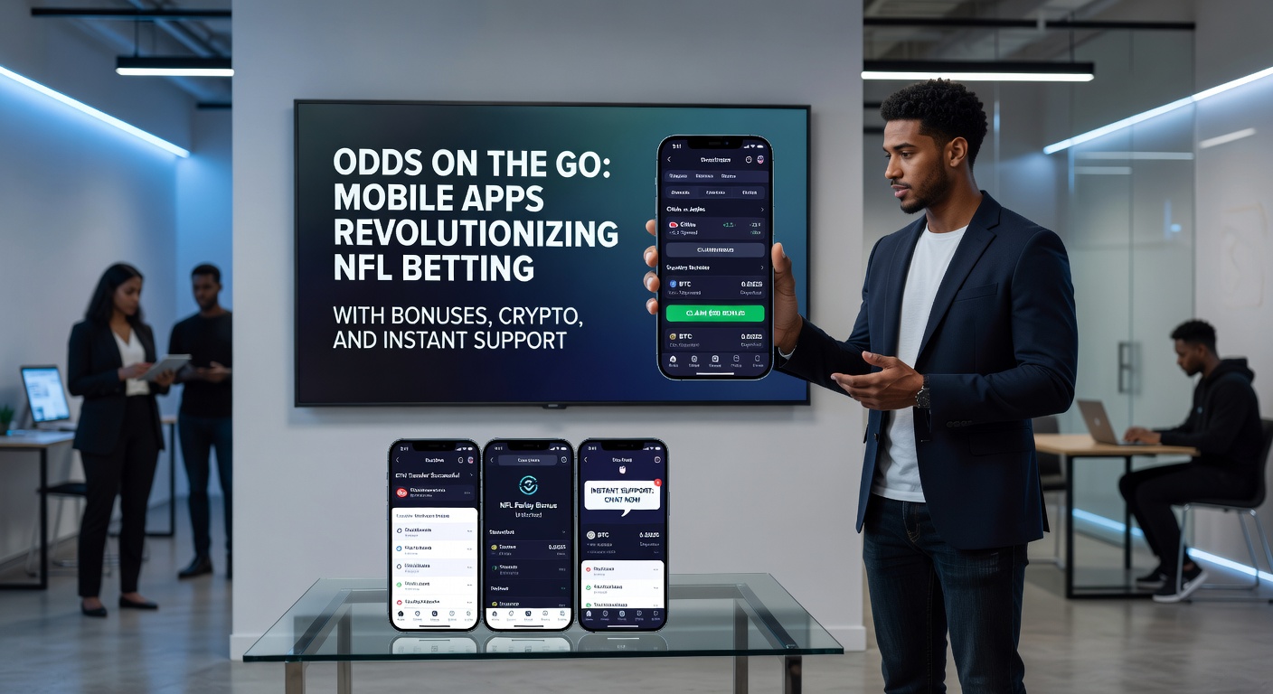Mobile app interface showing crypto wallet integration and live NFL odds updates