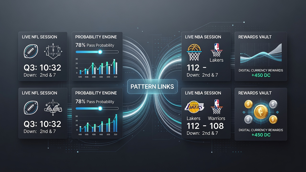Mobile betting app interface showing navigation menus alongside live probability updates and crypto reward indicators during an NFL game