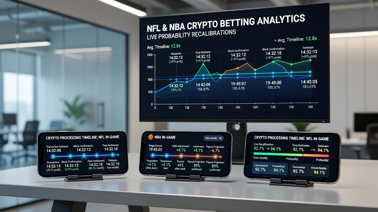 Smartphone screen displaying cryptocurrency transaction timelines alongside live NFL probability recalibrations during an in-game betting session