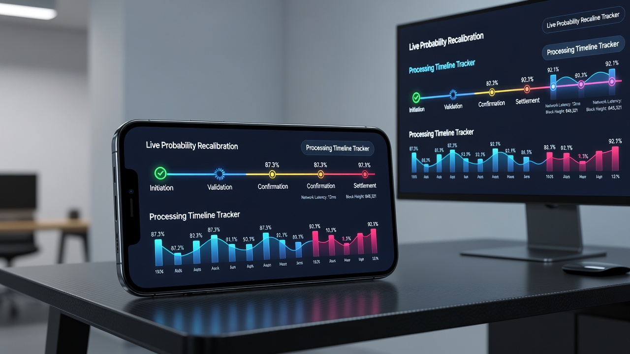 Close-up of an NBA mobile betting interface showing simultaneous crypto processing status and dynamic probability changes during a live game