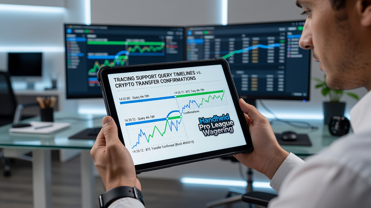 Mobile betting app interface showing crypto transaction timelines and support query tracking on a smartphone during live NBA and NFL events